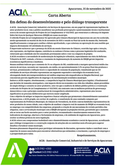 Carta Aberta da ACIA em Defesa do Desenvolvimento e Pelo Diálogo Transparente